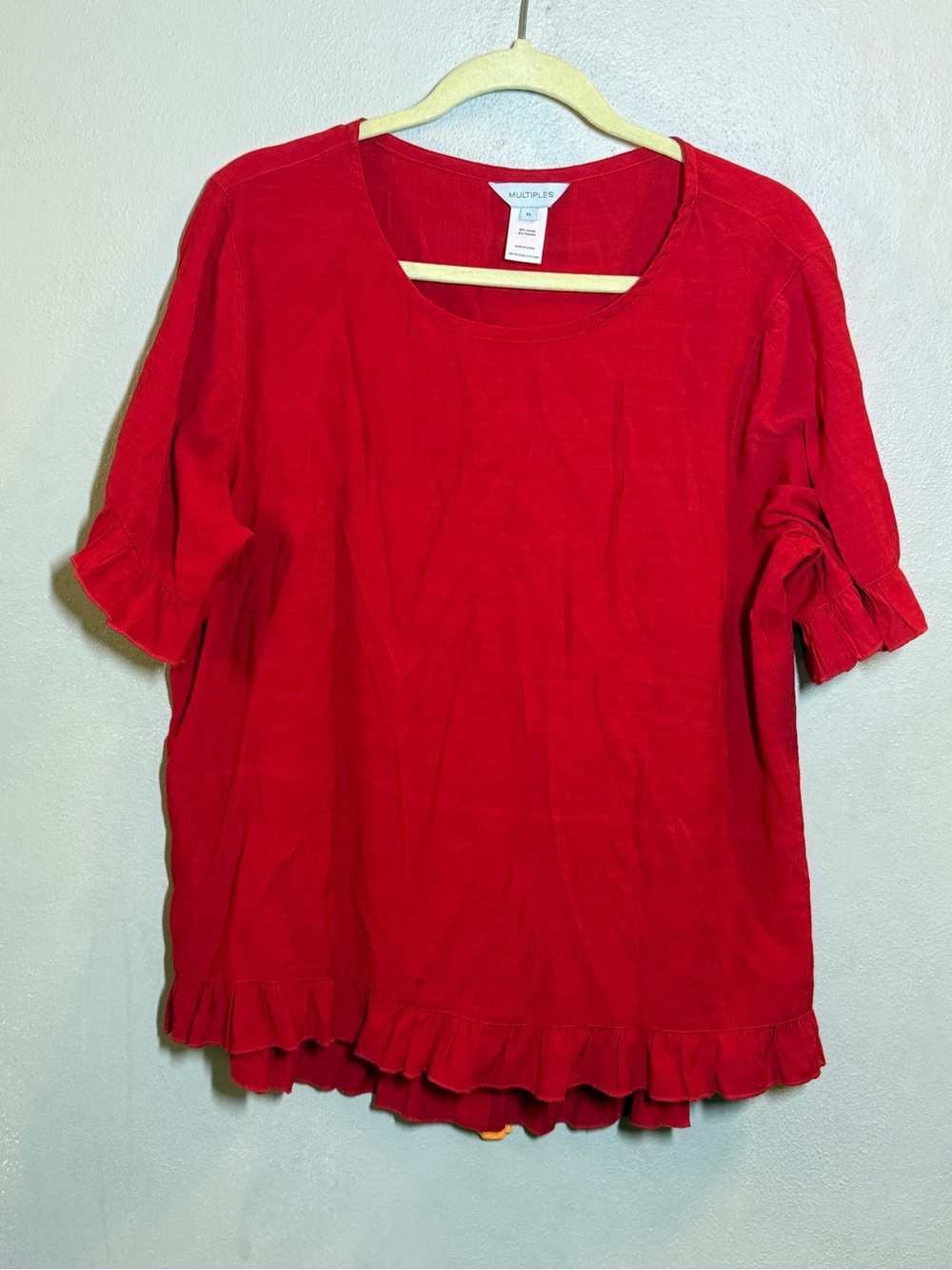 Women’s Multiples Red Button Back Ruffle Hem SS Blouse Sz XL